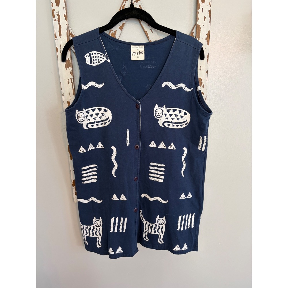 M. Mac Cotton Fields Cat Fish Print Vest Tunic Women M Blue White USA Made